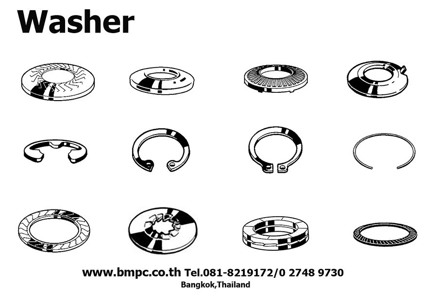 Spring lock washer, Curved washer, Locking edge washer, Toothed  washer, Locking Disc spring, Contact washer, Tab washer, Retaining ring , E Ring, Sna