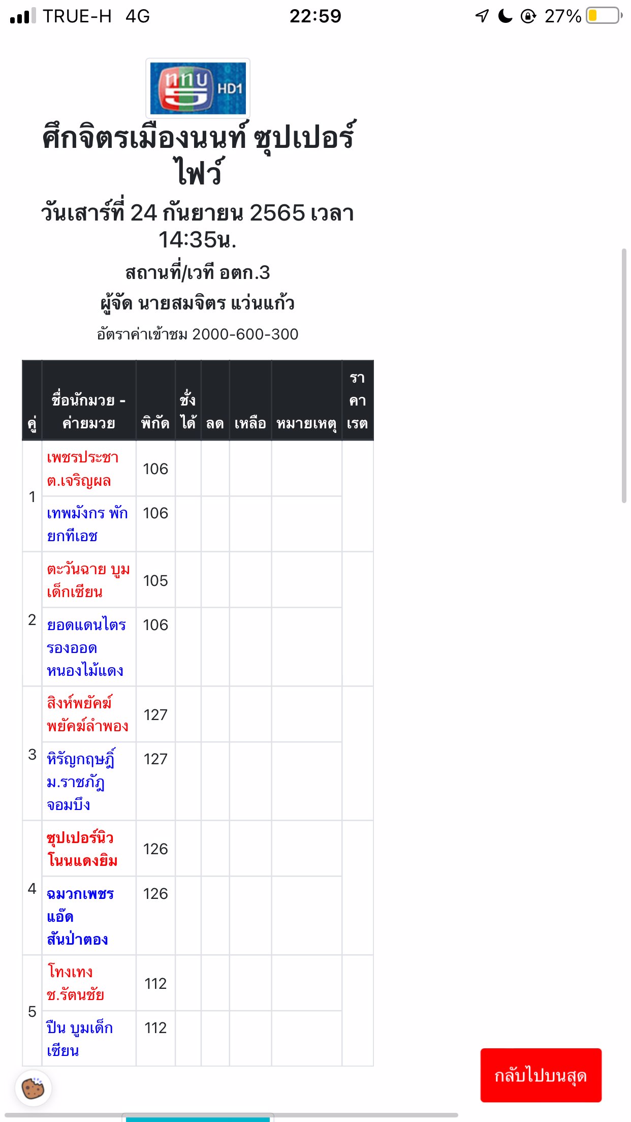 ตารางมวยวันที่ 24 กันยายน 2565